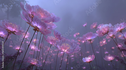 Fototapeta Naklejka Na Ścianę i Meble -  Dreamy enchanted garden with floating glowing flowers in soft pink and violet mist