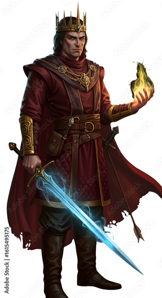 Fototapeta premium A Regal Fantasy King Holding Magic Sword Isolated Portrait Illustration