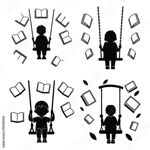 Children on swings surrounded by flying books in a charming silhouette illustration