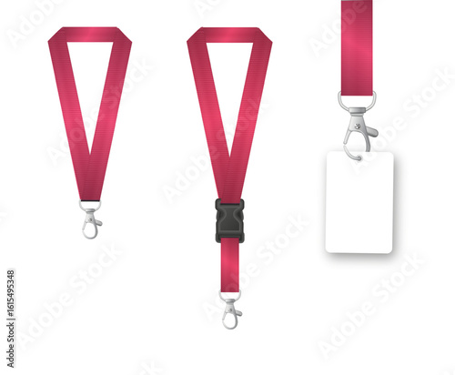 Badges Lanyard design. Identification card with ribbon. Metal closure and card with plastic. Accreditation for events congresses and companies. Vector