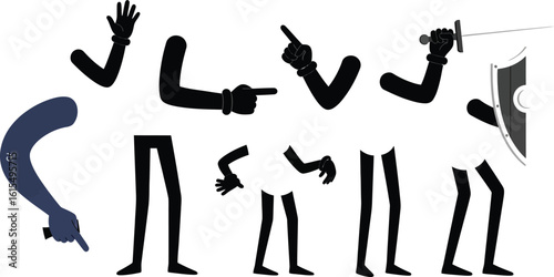 Collection of cartoon body parts including arms legs and a sword and shield