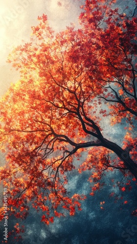 Maple Tree with Vibrant Red Autumn Leaves Against Bright Sky
