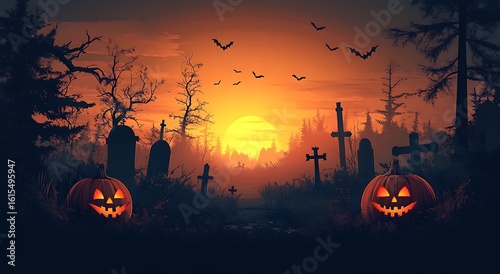 Fototapeta Naklejka Na Ścianę i Meble -  Jack o lanterns and gravestones in spooky Halloween cemetery at sunset pumpkin graveyard