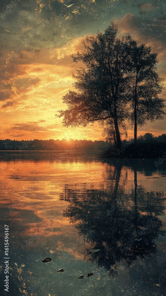 Obraz premium Tranquil Lake at Sunset with Tree Reflection and Golden Light