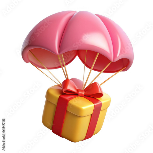 Gift box with parachute delivery concept present birthday surprise package shipping isolated on black background