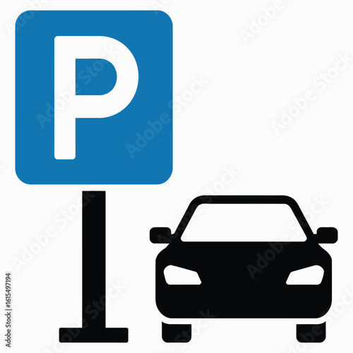Blue parking sign symbol and car silhouette icon isolated on white background. Vector graphic for transportation and parking zones.