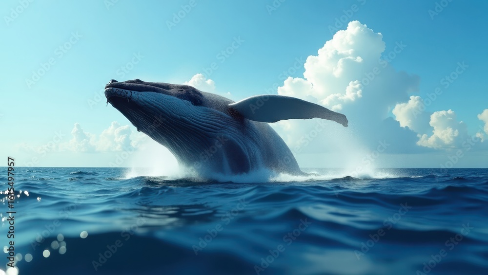 Fototapeta premium Humpback whale leaping out of the ocean water.