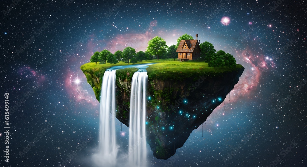 Fototapeta premium Enchanted Floating Island: Serene Cottage, Waterfall, and Cosmic Nebula Background