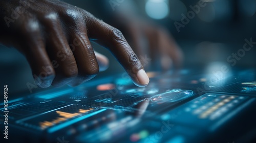 Dark skinned hand's finger interacts with a bright blue glowing futuristic data interface