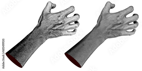 2 style Halftone hands collection. Halftone hands show the grabbing gesture . Stylish halftone collage design elements. Hand gestures in pop art style. Transparent background