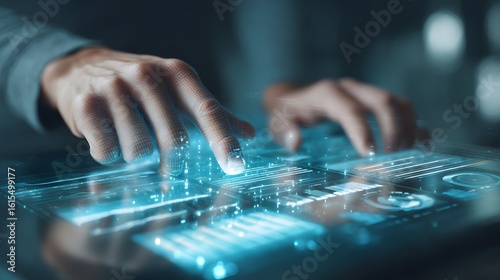 Human hands interact with a glowing blue futuristic touchscreen displaying complex data