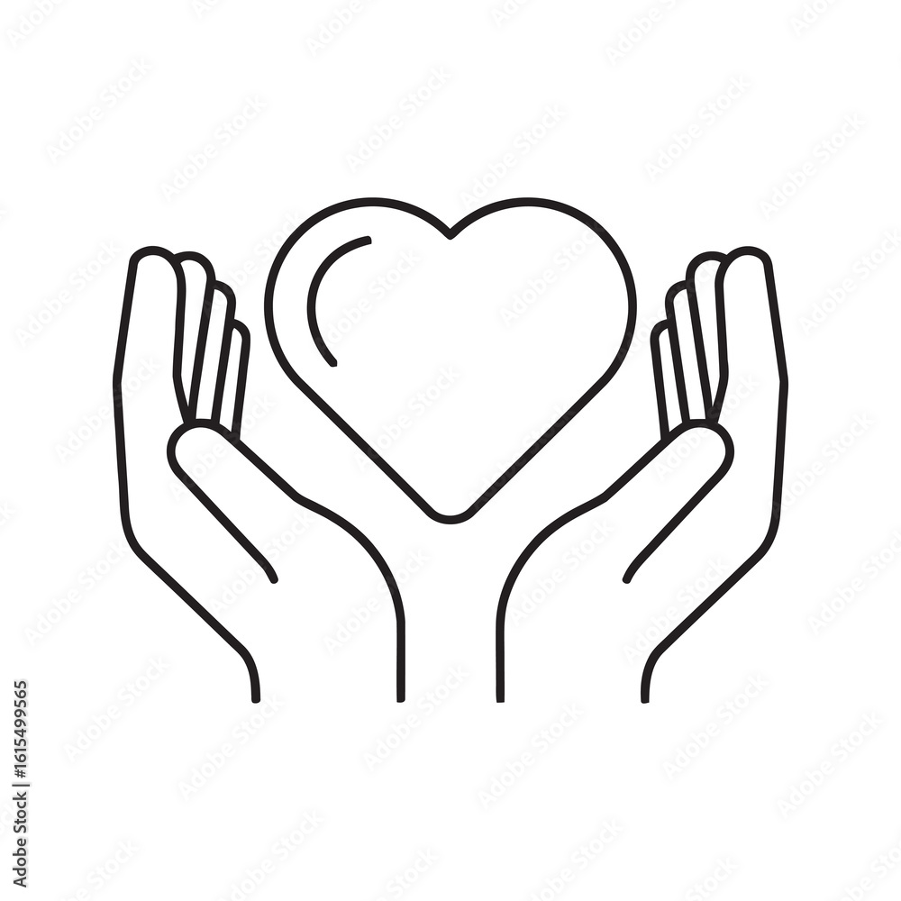 Fototapeta premium Charity and care icon with hands holding heart representing love donation support and social welfare for health and relationship line vector stroke