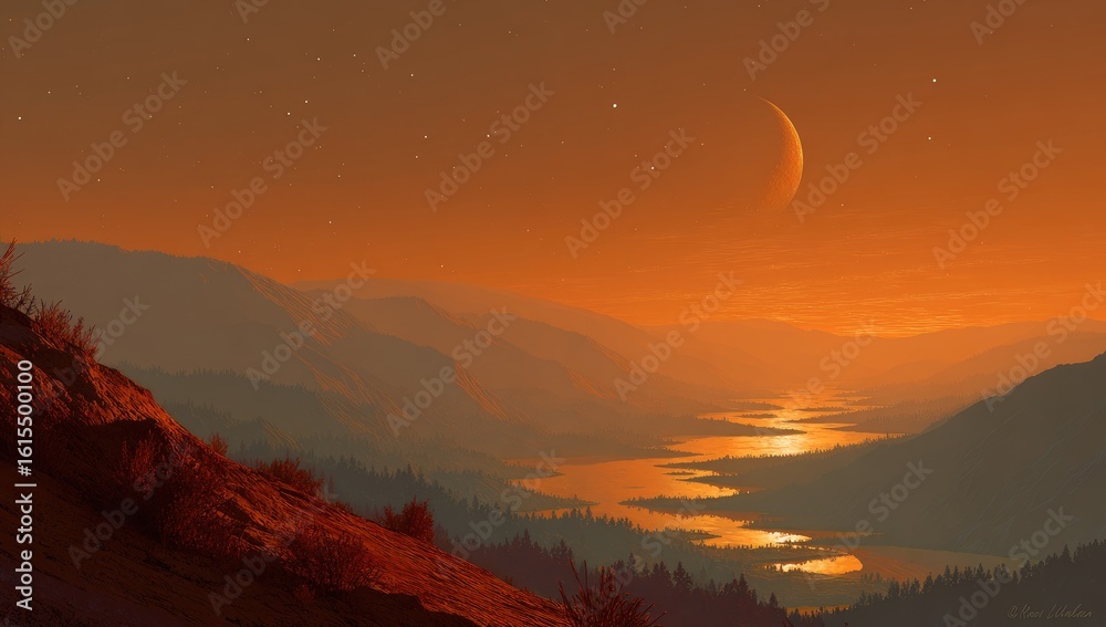 Obraz premium Sunrise over a valley on a distant world. A crescent moon hangs in an orange sky