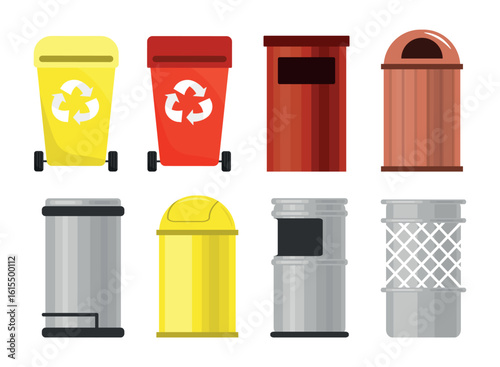 Types of trash cans. Illustration of trash containers. Waste. EPS 10