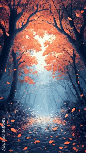 Walking Path Through Autumnal Forest with Falling Leaves
