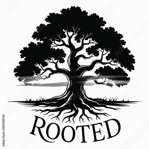 Black silhouette of a mighty tree with a large crown and strong roots. Vector logo design symbolizing growth and stability.