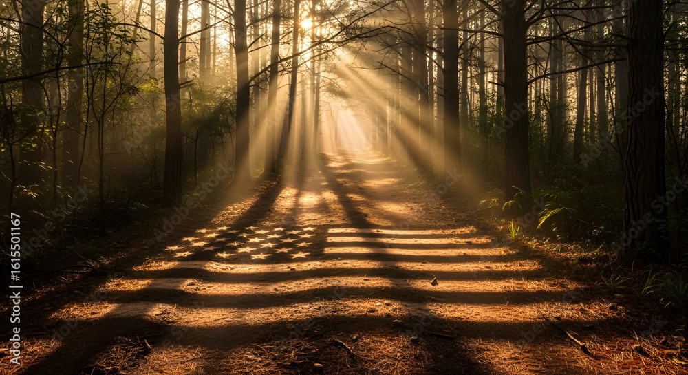 Naklejka premium Sunlight Through Forest with American Flag Shadow on Path. Background for Labor Day.