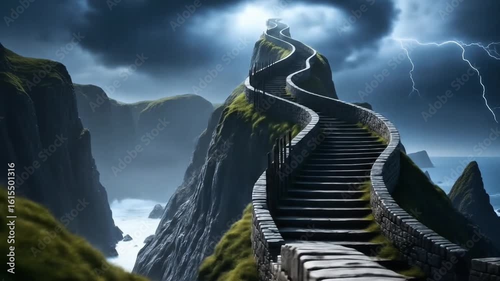 Surreal winding stone staircase leading to a stormy sky, surrounded by cliffs, ocean waves, and lightning. Dramatic fantasy landscape perfect for adventure or dream-themed projects