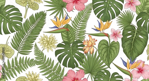 Tropical Floral Pattern with Monstera Leaves and Exotic Blooms – Vibrant Summer Botanical Design
