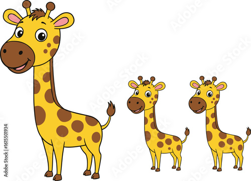 Cute cartoon giraffe family illustration, smiling animal characters, jungle wildlife theme, baby giraffes with big eyes, vector art for kids