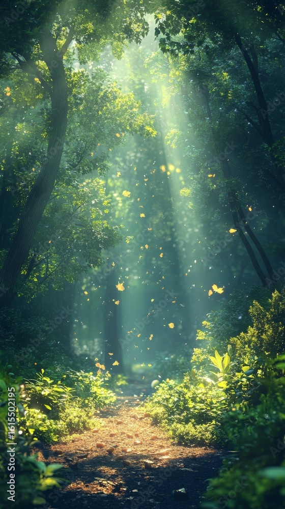 Obraz premium Walking Path Through Forest with Sun Rays and Falling Leaves