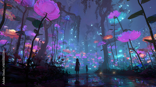 Fototapeta Naklejka Na Ścianę i Meble -  Magical fantasy garden with glowing flowers and neon vines in a surreal cyberpunk dream