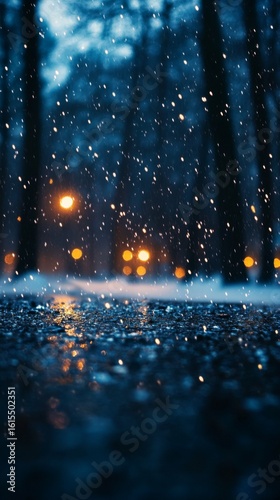 Snow Falling on Wet Ground with Streetlights in the Background