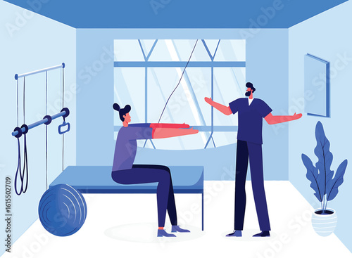 Man practicing a low lunge yoga pose at home. Vector illustration for health and fitness.