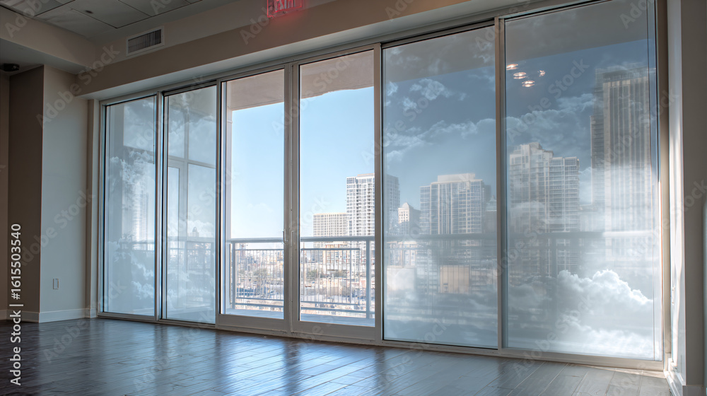 Obraz premium Modern Apartment with City View: Expansive glass windows offer a breathtaking panorama of a bustling cityscape, infusing the contemporary interior with natural light and urban charm.