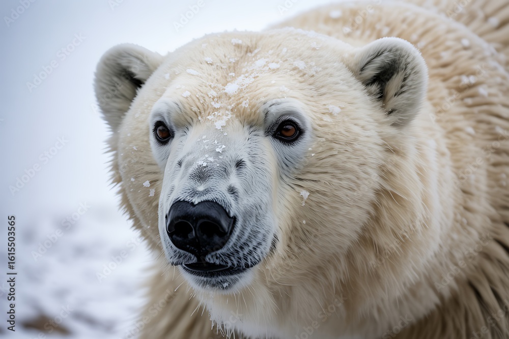 Fototapeta premium Majestic polar bear portrait in winter wonderland, stunning animal photography for conservation awareness, wild predator in snowy environment, endangered species