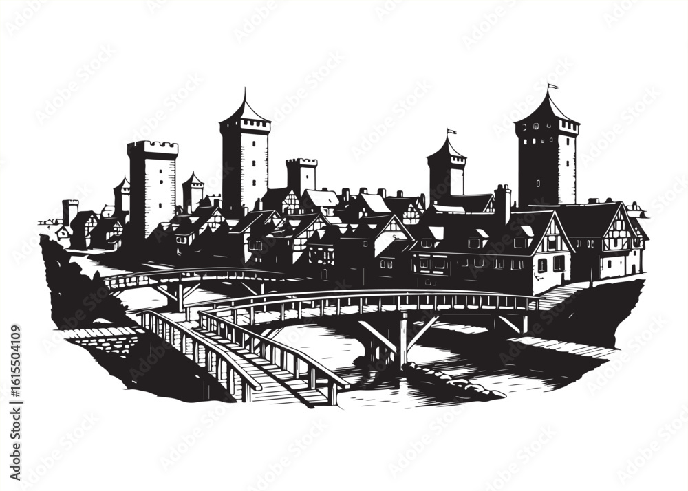 Obraz premium Monochromatic Illustration of a Medieval Cityscape with Towers Bridges and Half Timbered Houses a Glimpse into Historical Architecture and Urban Design