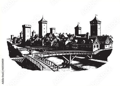 Monochromatic Illustration of a Medieval Cityscape with Towers Bridges and Half Timbered Houses a Glimpse into Historical Architecture and Urban Design