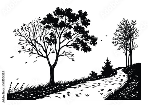 Monochrome autumn scene with trees and path illustration for print and design projects showcasing seasonal change and natural beauty
