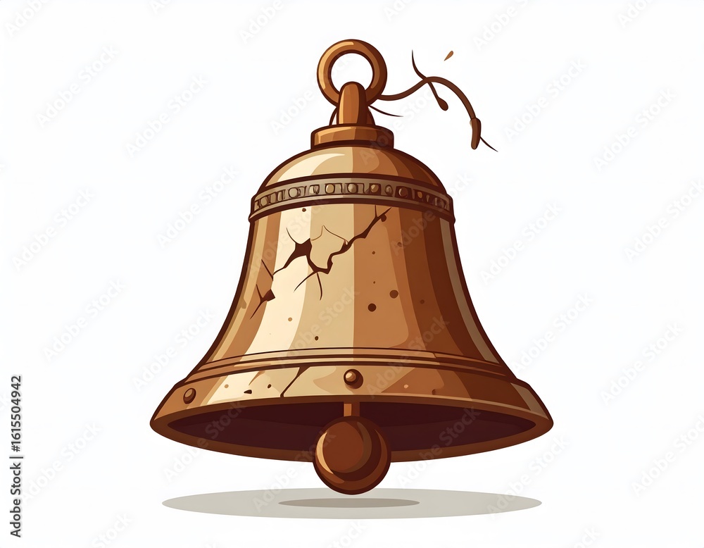 Obraz premium A golden bell with a crack is shown against a white background, with a small twig attached to the top.
