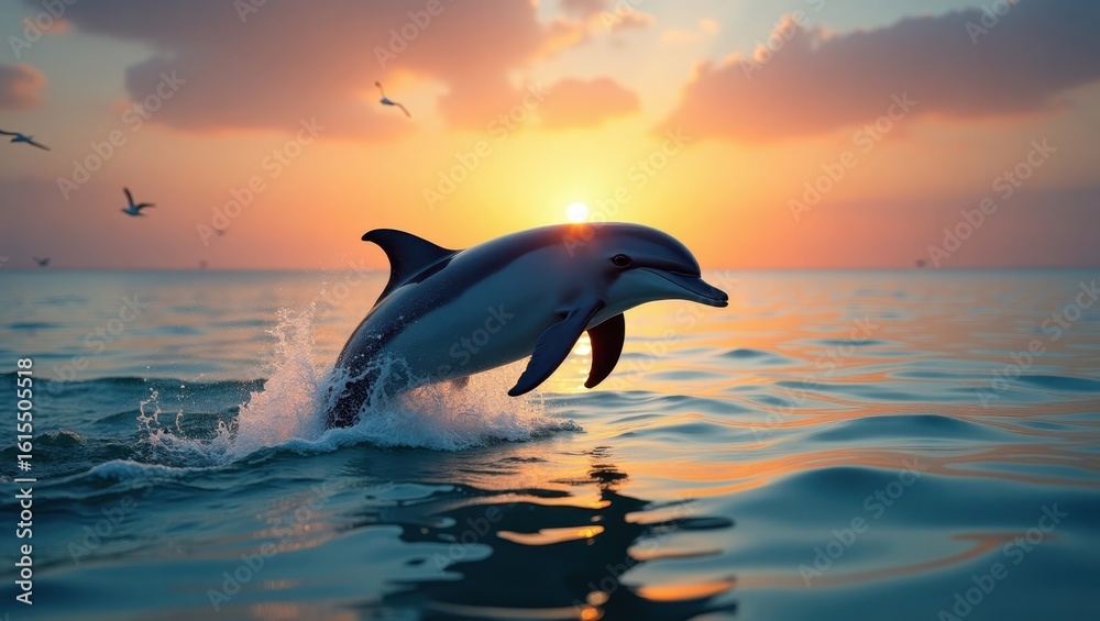 Obraz premium Majestic dolphin leaps in a beautiful sunset over the ocean.