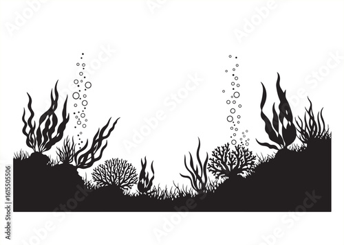Underwater Marine Life Silhouette Scene with Seaweed and Bubbles Graphic Illustration Design