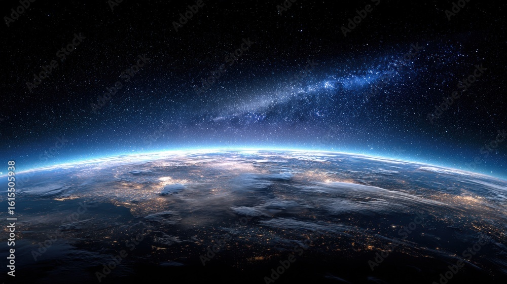 Fototapeta premium Stunning view of Earth from space showcasing the planet's curvature against the backdrop of a starlit Milky Way galaxy