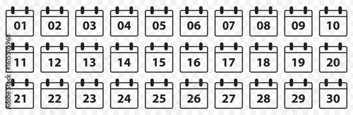 Monthly Calendar Date Icon Set – 01 to 30 on Transparent Background . Eps 10.