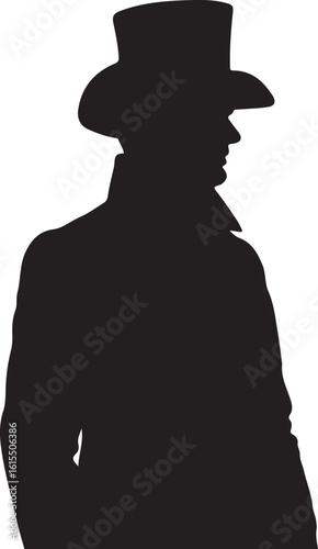 The image is a black silhouette of a person wearing a top hat and coat, facing to the right, against a white background; the silhouette is simple and stylish.