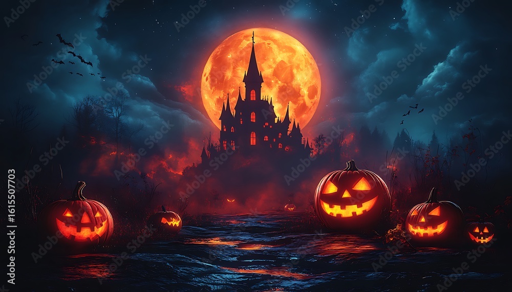 Naklejka premium Spooky Halloween night with jack o lanterns and haunted castle under full moon pumpkin