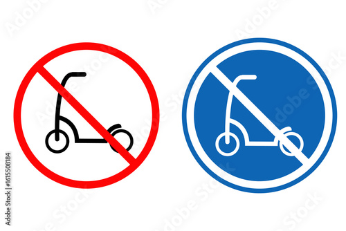 No scooter sign. Red and blue sign. Kick scooter not allowed. Prohibition sign. Vector icon isolated on white background.