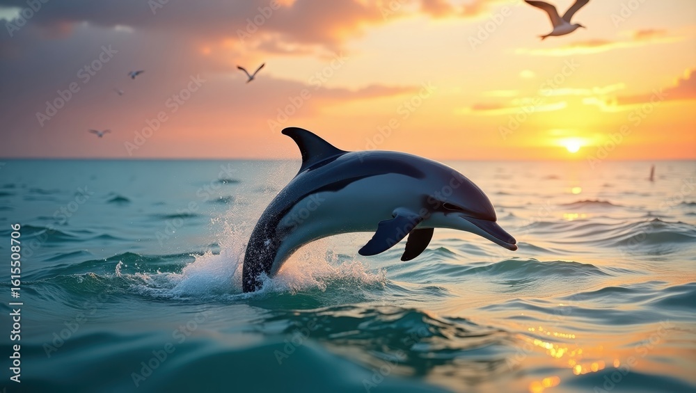 Fototapeta premium Dolphin leaping out of water at sunset.