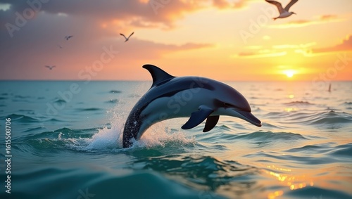 Fototapeta Naklejka Na Ścianę i Meble -  Dolphin leaping out of water at sunset.