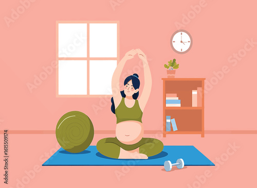 Pregnant Woman Practicing Yoga and Exercise in a Cozy Room for a Healthy Pregnancy