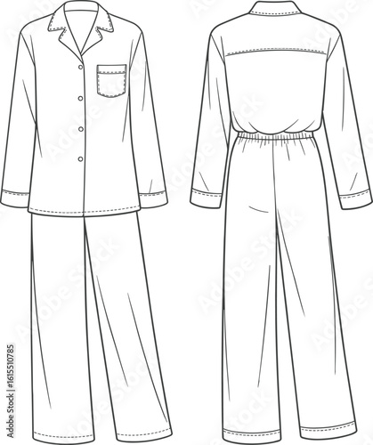 Fashion Flat Sketch of a Women's Pajama Set with Long Sleeve Button-Up Shirt and Wide-Leg Pants, Outline Vector Illustration for Sleepwear Design and Technical Fashion Drawings