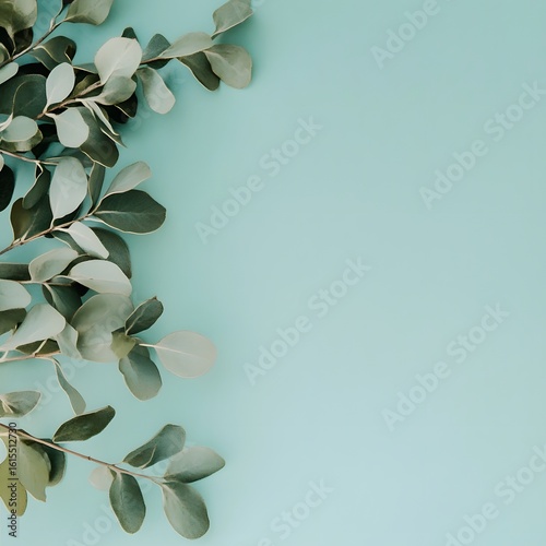 Eucalyptus leaves on blue background. Flat lay, top view
