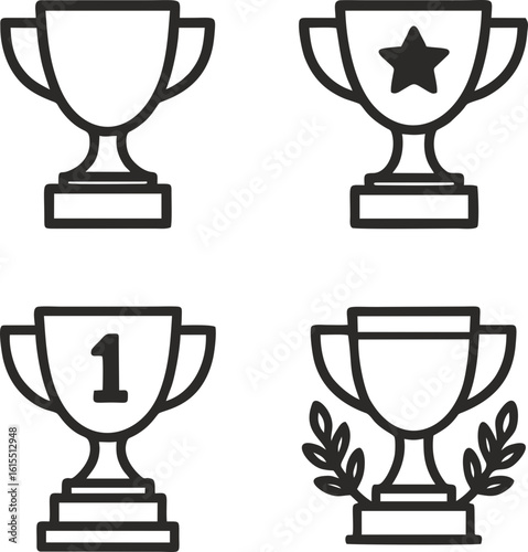 Set of black and white vector icons of trophies and victory cups. Perfect for use in awards design, gamification, achievements, competitions, related events, certificates and apps.
