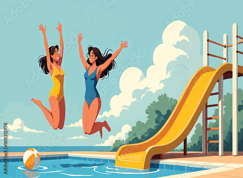 Two joyful women jumping into a swimming pool with a slide, vector illustration