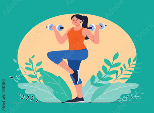 Active woman exercising with dumbbells, vector illustration of a fitness workout