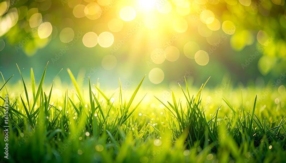 Obraz premium Vibrant Green Grass Field with Golden Sunlight and Bokeh Background